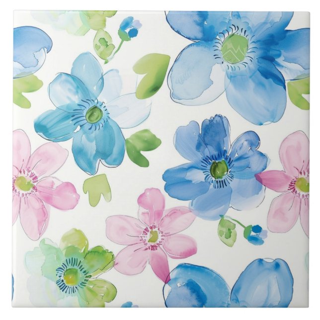 Chic Pink Blue Flowers Tile (Front)