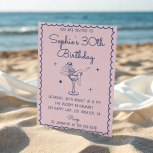 Chic Pink & Blue Martini Glass 30th Birthday Invitation