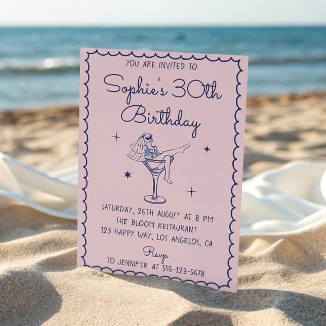 Chic Pink & Blue Martini Glass 30th Birthday Invitation (Creator Uploaded)