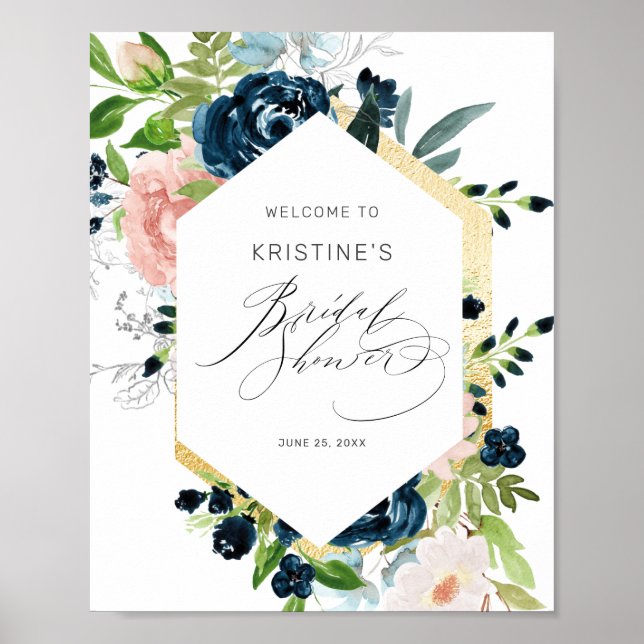 Chic Pink Blue Rose Floral Bridal Shower Welcome Poster (Front)