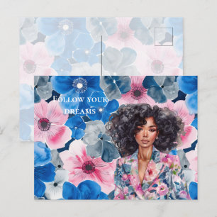 Chic Pink Blue Summer Floral Black Girl Postcard
