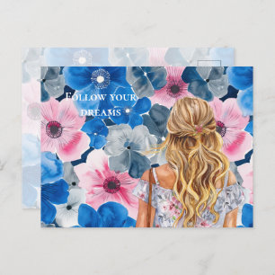 Chic Pink Blue Summer Floral Blond Girl Postcard