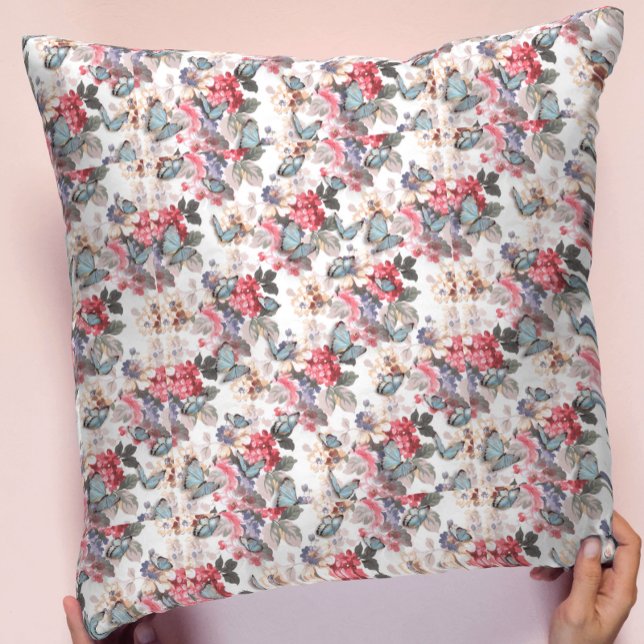 Chic Pink & Blue Vintage Floral Pattern Cushion (Creator Uploaded)