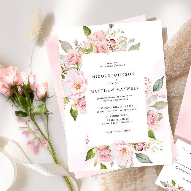 Chic Pink, Blush and Rose Gold Floral Wedding Invitation (Creator Uploaded)