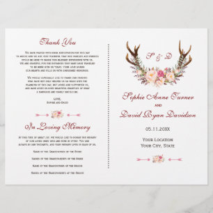 Chic Pink Blush Floral Antlers Wedding Program