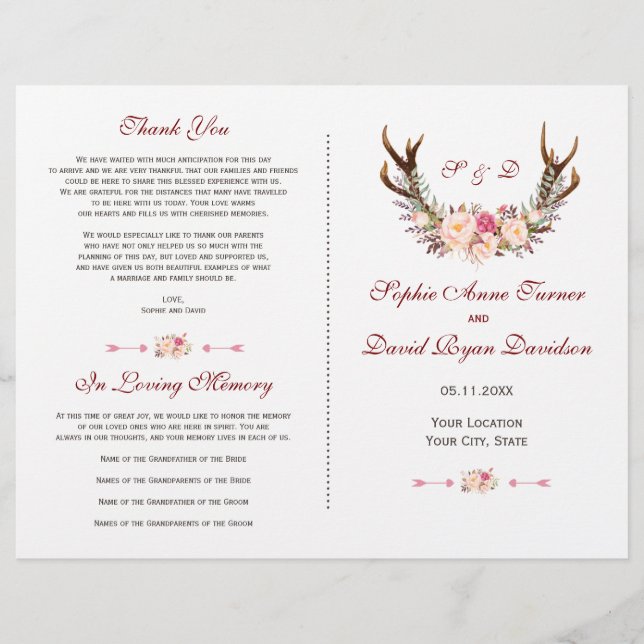 Chic Pink Blush Floral Antlers Wedding Program (Front)