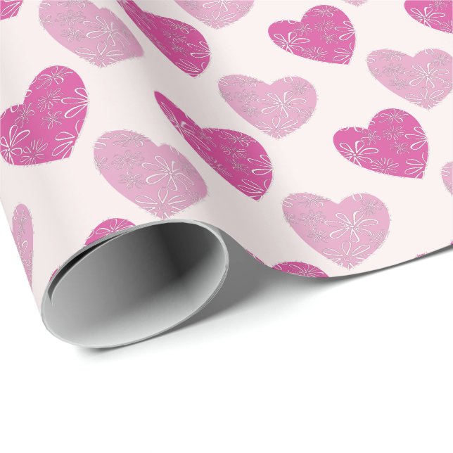 Chic Pink Blush Floral Doodle Patterned Hearts Wrapping Paper (Roll Corner)