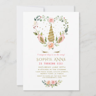 Chic Pink Blush Floral Heart Gold Unicorn Birthday Invitation
