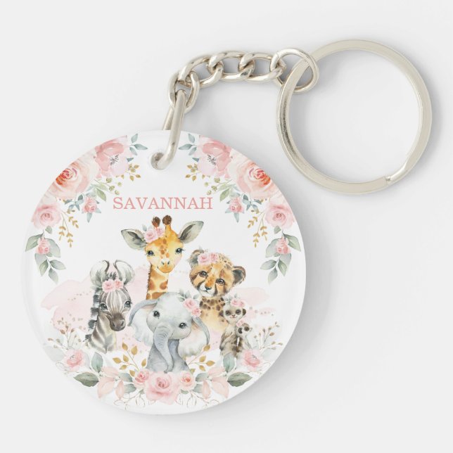 Chic Pink Blush Floral Jungle Safari Baby Animals  Key Ring (Back)
