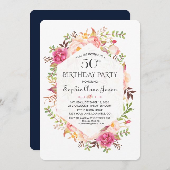Chic Pink Blush Floral Navy Blue Birthday Party Invitation (Front/Back)