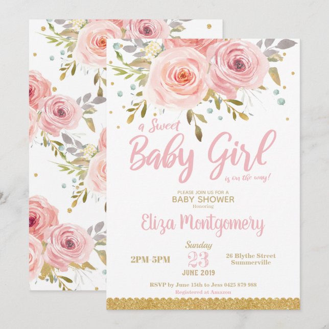 Chic Pink Blush Floral Sweet Baby Shower Girl Invitation (Front/Back)