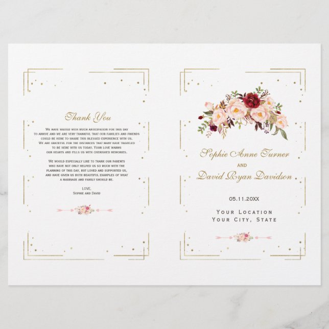 Chic Pink Blush Flowers Gold Frame Wedding Program (Front)