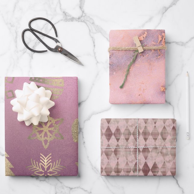 Chic Pink Blush Marble Harlequin Christmas Symbols Wrapping Paper Sheet (Front)