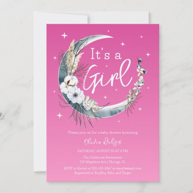 Chic Pink Boho Pampas Grass Moon Baby Shower Invitation (Front)
