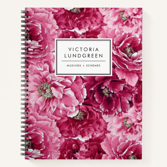 Chic Pink Botanical Peonies Pattern Notebook (Front)
