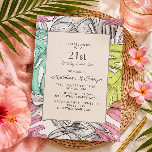Chic Pink Botanical Tropical Palm Leaf 21st  Invitation (Chic pink, teal, and yellow tropical leaves 21st birthday invitation)