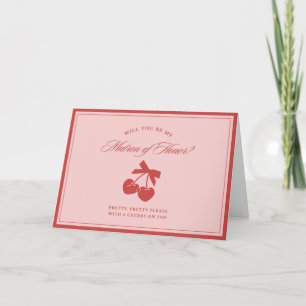 Chic Pink Bow Cherry Matron of Honour Proposal Car Thank You Card