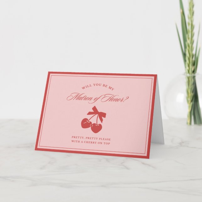 Chic Pink Bow Cherry Matron of Honour Proposal Car Thank You Card (Front)