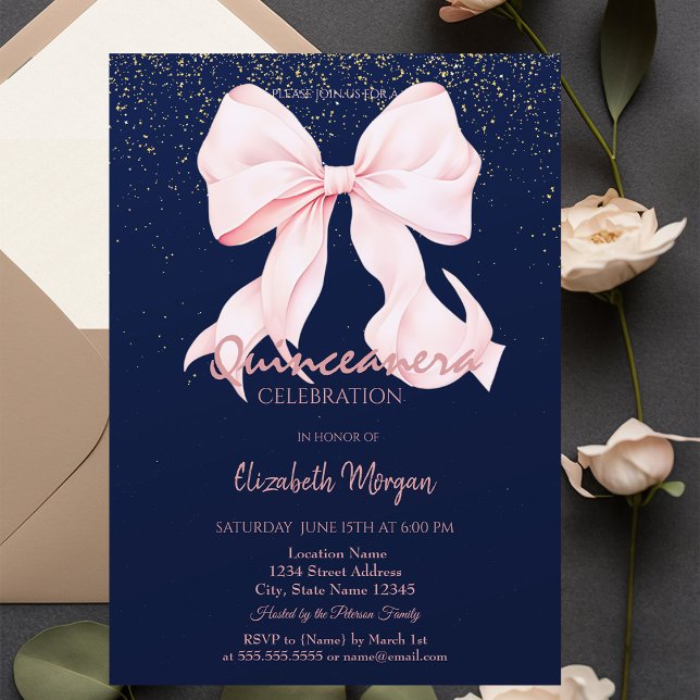Chic Pink Bow Confetti Navy Blue Quinceañera   Invitation (Creator Uploaded)