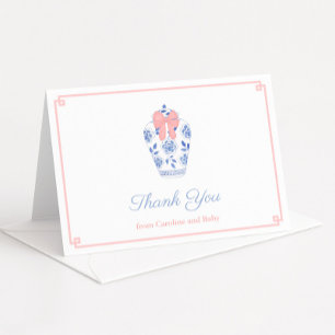 Chic Pink Bow Ginger Jar Baby Shower Personalised Thank You Card