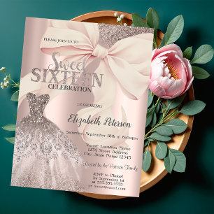 Chic Pink Bow Glitter Dress Rose Gold Sweet 16  Invitation
