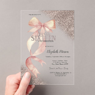 Chic Pink Bow Glitter Rose Gold Sweet 16  Acrylic Invitations
