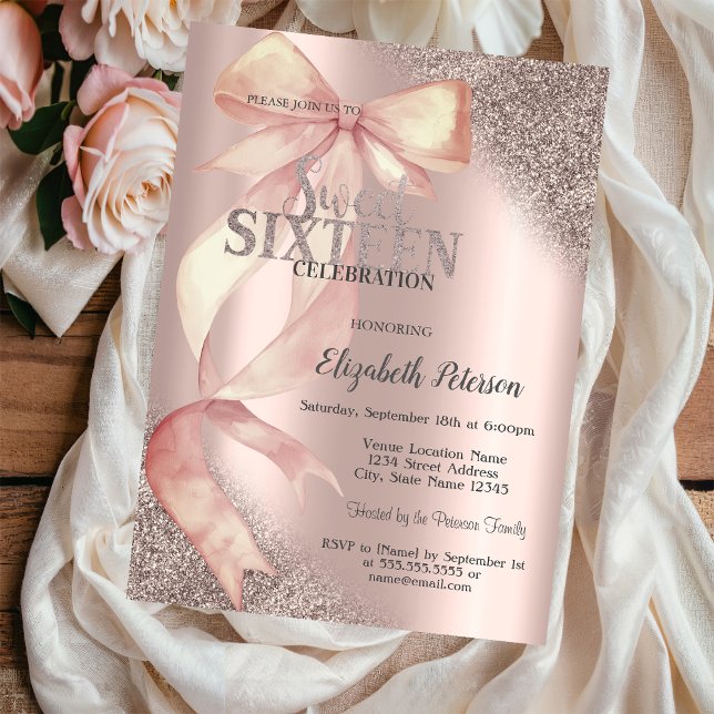 Chic Pink Bow Glitter Rose Gold Sweet 16  Invitation (Creator Uploaded)