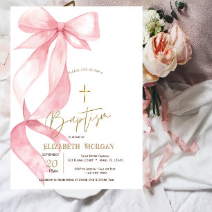 Chic Pink Bow Gold Cross Baptism Invitation