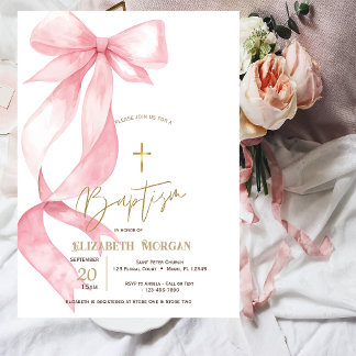 Chic Pink Bow Gold Cross Baptism Invitation