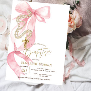 Chic Pink Bow Pearls Cross Baptism Invitation