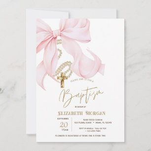 Chic Pink Bow Pearls Cross Dots Baptism Invitation