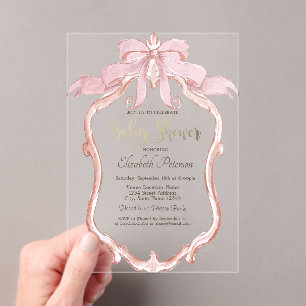 Chic Pink Bow Retro Frame Baby Shower  Acrylic Invitations