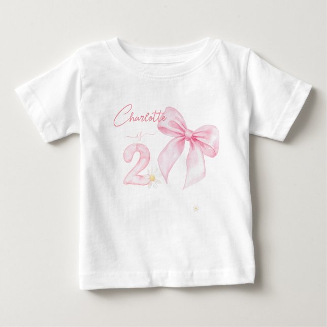 Chic Pink Bow Ribbon 2 Two 2nd Birthday Baby T-Shirt (Front)
