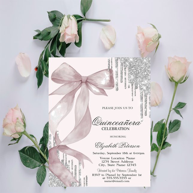 Chic Pink Bow Silver Glitter Drips Quinceañera Invitation (Creator Uploaded)