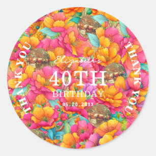 Chic Pink Bright Floral Gold Disco Ball Thank You Classic Round Sticker