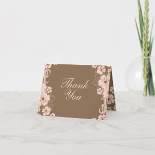 Chic pink brown hibiscus flower wedding thank you card