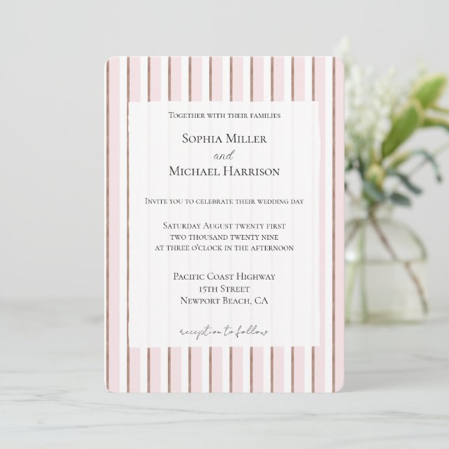 Chic Pink Brown White Stripes Wedding Invitation (Standing Front)