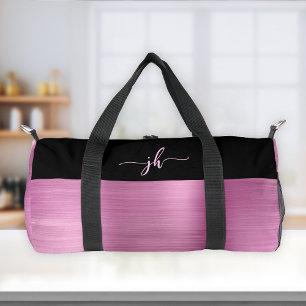 Chic Pink Brushed Metal Black Script Monogram Duffle Bag