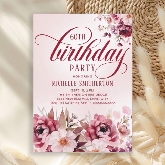 Chic Pink Burgundy Floral Glam 60th Birthday Invitation (Elegant burgundy and pink watercolor floral women's 60th birthday party invitation)