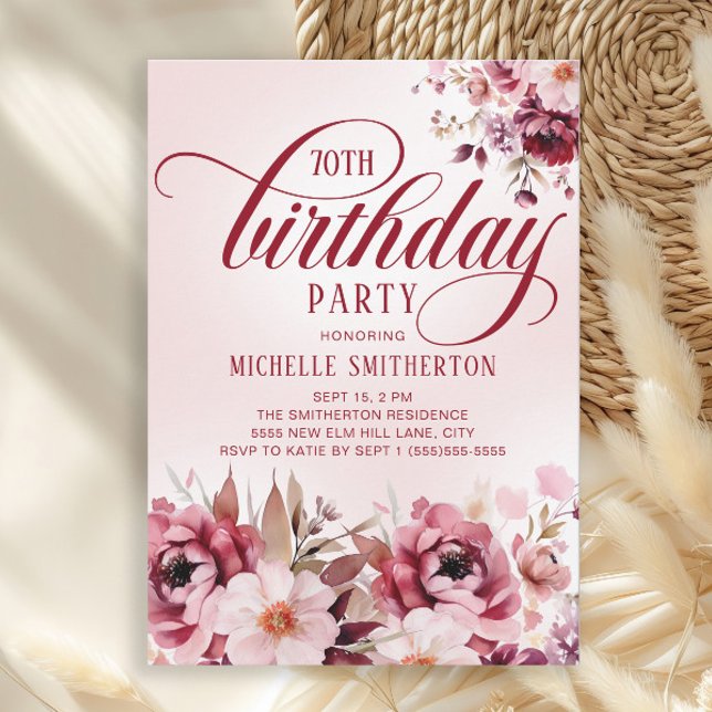 Chic Pink Burgundy Floral Glam 70th Birthday Invitation (Burgundy and pink watercolor floral 70th birthday party invitation)