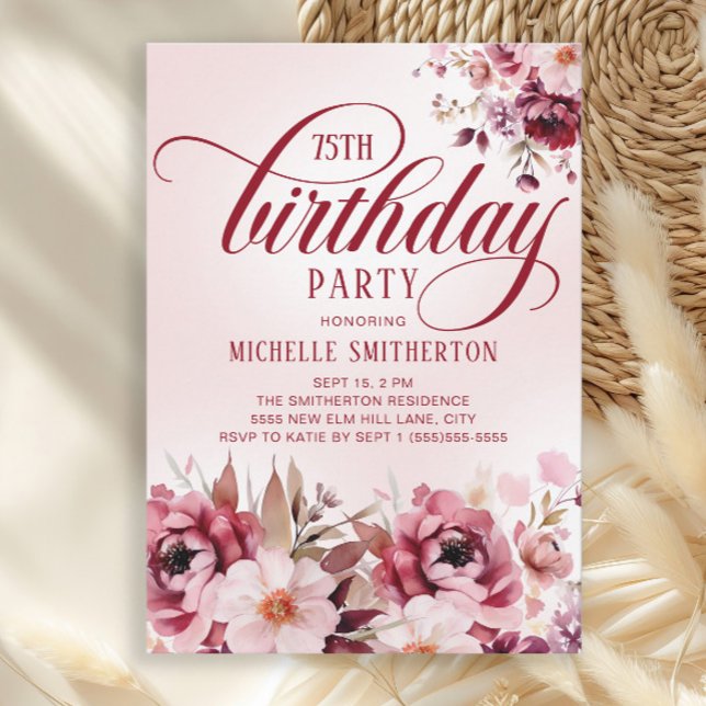 Chic Pink Burgundy Floral Glam 75th Birthday Invitation (Burgundy and pink watercolor floral 75th birthday party invitation)