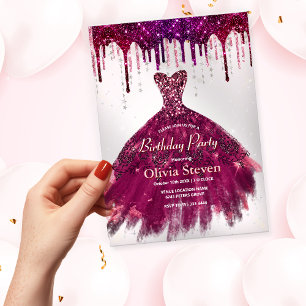 Chic pink burgundy gown glitter drips birthday  acrylic invitations