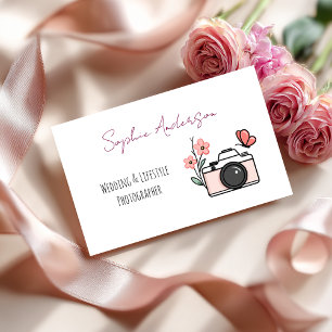 Chic Pink Camera & Butterfly Wedding Photographer Business Card