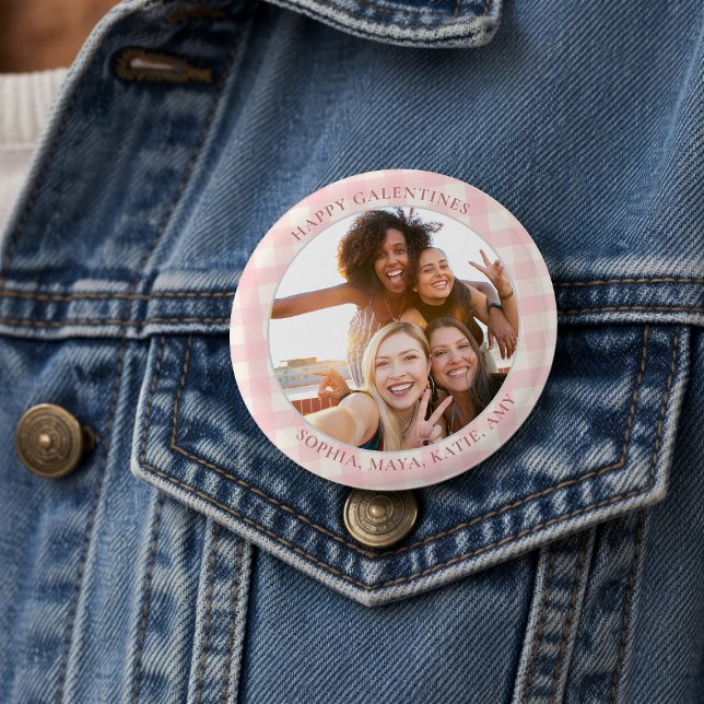 Chic Pink Check Typography Photo Galentine's Day 7.5 Cm Round Badge (Creator Uploaded)