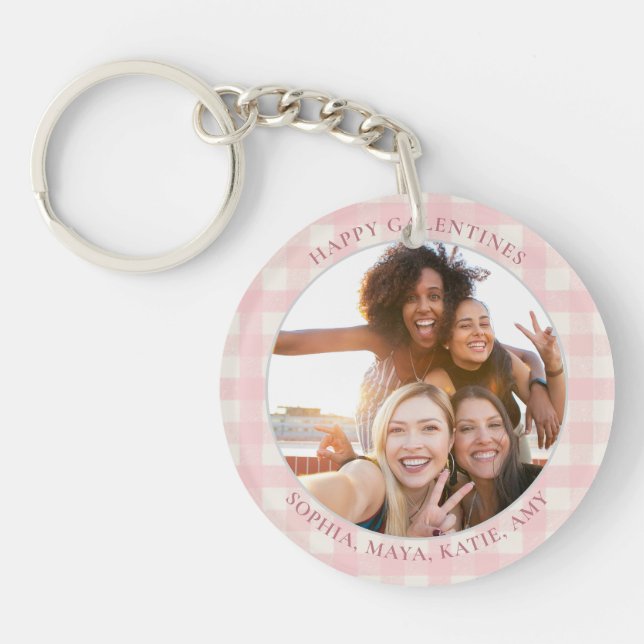 Chic Pink Check Typography Photo Galentines Day Key Ring (Front)
