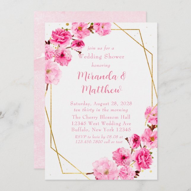 Chic Pink Cherry Blossom Geometric Wedding Shower  Invitation (Front/Back)