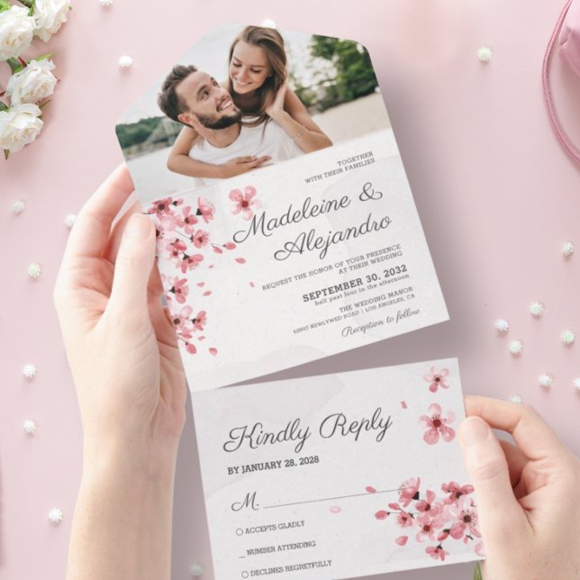 Chic pink cherry blossom romantic floral wedding all in one invitation (Creator Uploaded)