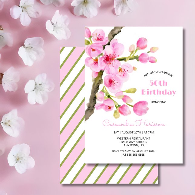 Chic Pink Cherry Blossom Sakura Floral Birthday Invitation (Creator Uploaded)