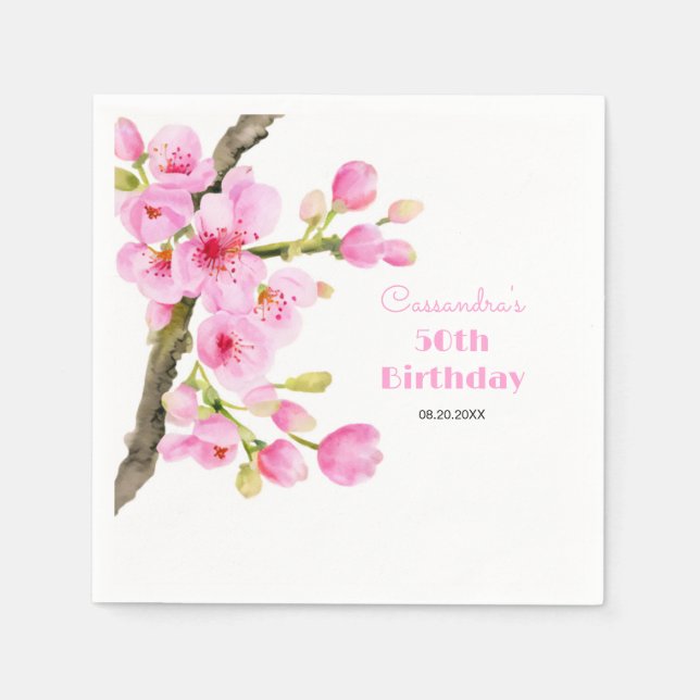 Chic Pink Cherry Blossom Sakura Floral Birthday Napkin (Front)