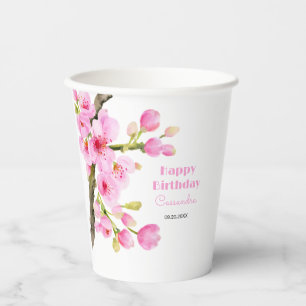 Chic Pink Cherry Blossom Sakura Floral Birthday Paper Cups